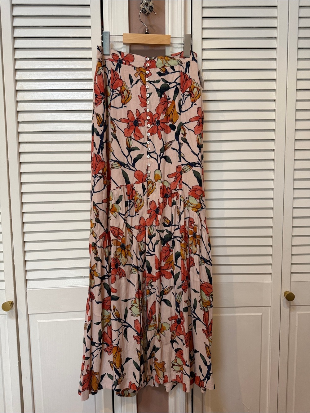 Free People Pink Floral Maxi Skirt with Button Front